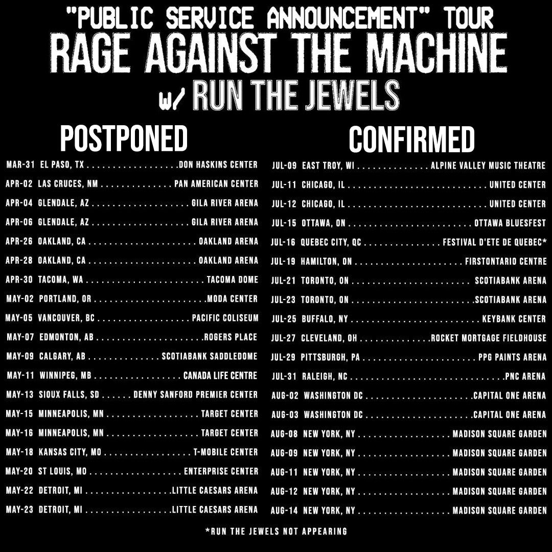 PUBLIC SERVICE ANNOUNCEMENT TOUR WITH RAGE AGAINST THE MACHINE - UPDATED DATES